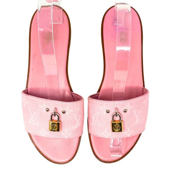 Louis Vuitton LV Logo Monogram Canvas Pink Tan Gold Lock It Flats Sandals EU37.5 - Picture 3 of 11